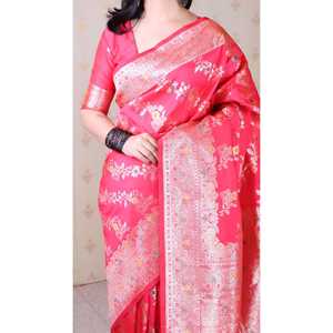 Sari de Seda Suave Rosa Banarasi Jaal Meenakari Zari Tejido, Ropa India y Pakistaní, Elite Weaves 650g - Product Image 5