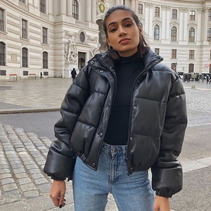 Custom-Made Winter Thick Warm Short Parkas Women Fashion Black PU <b>Leather</b> Coats Women Elegant Zipper Cotton <b>Jackets</b> - Product Image 4