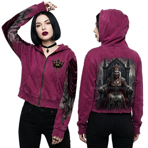 Sweat-shirt en molleton personnalisé pour femme, couleur bordeaux délavé à l'acide, avec imprimé graphique d'animaux de la forêt, manches brodées style Ivy et effet vieilli - Product Image 5