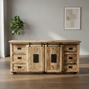 Buffet vintage en bois indien recyclé, meuble TV avec deux portes et six tiroirs, finition métallique rustique, armoire de rangement - Product Image 4