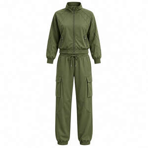 Conjunto Deportivo de 2 Piezas para Mujer, Chaqueta con Cierre y Pantalones Anchos, Color Sólido, Estilo Casual - Product Image 3