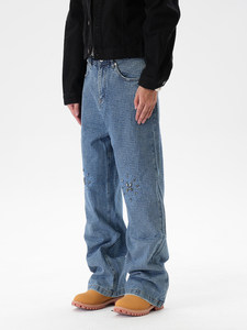 Jean en denim coupe droite pour homme, broderie à pois et sequins, coupe ample, style streetwear, coton mi-lourd, style automne - Product Image 5