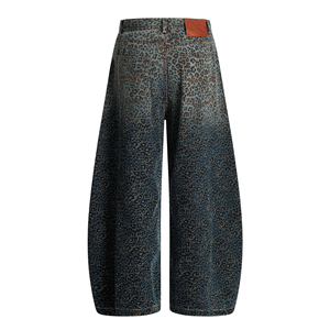 Men's Retro Leopard Print Scimitar Jeans American Style High Street Vibe Washed <b>Old</b> Silhouette Loose Wide Leg Casual Denim <b>Pants</b> - Product Image 5