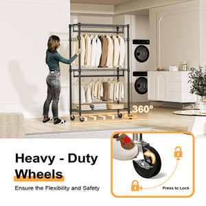 Heavy Duty 3-Tier Adjustable Wire Clothe Rack 2 Rods with Side <b>Hooks</b> Convenient Rolling Storage Closet Closet Organizer - Product Image 5