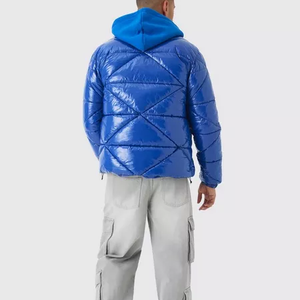 Custom logo puffer jacket High gloss Blue <b>bubble</b> <b>coat</b> Mens shiny hooded winter <b>coat</b> Streetwear OEM 2027 jacket - Product Image 2