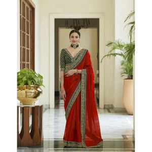 Sari de Seda Real Vichitra de Moda con Blusa Sin Coser, Color Rojo - Product Image 1