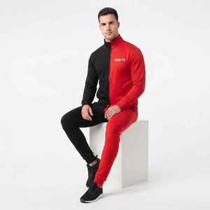 Men's Two-<b>Tone</b> Full Zip Tracksuit <b>Red</b> Black Color Block Sporty Jogging Set With Side Pockets Regular Fit Autumn Wear - Product Image 4
