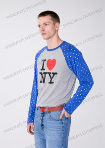 T-shirt à manches raglan pour homme I Love NY, étoiles bleues, corps gris, col rond, coupe décontractée, jersey de coton, imprimé numérique sur le devant, 320g - Product Image 4