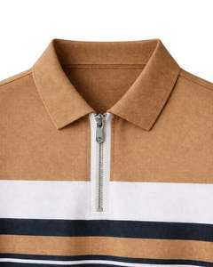 Polo de manga corta para hombre, con cremallera de un cuarto, a rayas camel y negras, informal, con paneles en contraste, personalizado por el fabricante, para verano. - Product Image 6