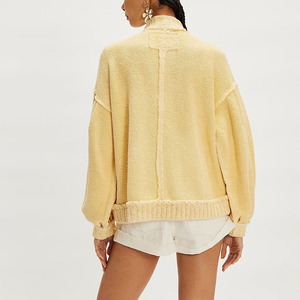 Cárdigan corto de punto para mujer, amarillo mantequilla, con cuello alto, manga globo, color liso, estilo casual, manga larga con botones - Product Image 2