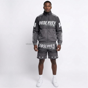 Conjunto Cortavientos con Logotipo Personalizado, 220 Gramos, Ropa Deportiva, Chaqueta Cortavientos Negra de Nailon con Ribete Blanco en Contraste y Capucha - Product Image 1