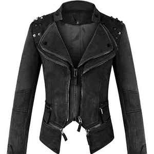 Chaqueta de Moto de Cuero PU Blanca para Mujer, Cuello Alto, Manga Larga, Decoración con Remaches, Cierre de Cremallera, Color Sólido, Estilo Biker, Ropa de Otoño - Product Image 3