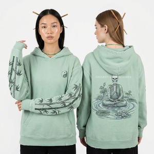 Sudadera con Capucha Personalizada de 350GSM con Gráfico de Bosque de Bambú Verde Menta, Estampado de Esqueleto para Meditación Zen, Simbolismo Yin Yang, Fabricante de Ropa Urbana - Product Image 1