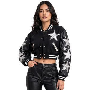 Veste universitaire courte en laine personnalisée, manches en cuir vert avec lettres universitaires, design patchwork premium - Product Image 3
