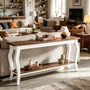 Consolle Lunga in Stile Vintage, Tavolo Laterale di Lusso dal Design Moderno in Legno Teak e Marmo per Ingresso, Casa, Appartamento, Hotel - Product Image 6