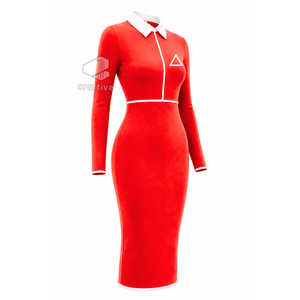 Delta |   Sigma | Robe moulante mi-longue rouge pour femme Theta avec col polo blanc contrastant, fermeture éclair quart de tour, manches longues, robe décontractée ajustée - Product Image 2