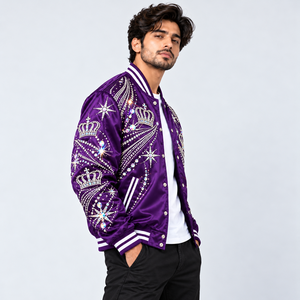 Chaqueta Varsity de Satén con Pedrería de Lujo, Elegante Chaqueta Bomber con Cristales y Estrellas, con Dobladillo Acanalado, para Moda Urbana y Fiestas - Product Image 2