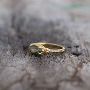 Anillo de Ágata Musgosa Genuina con Corte Ovalado y Diseño de Hoja de Vid, Plata de Ley 925, Chapado en Oro de 14K, Anillo de Compromiso, Promesa o Piedra de Nacimiento - Product Image 5