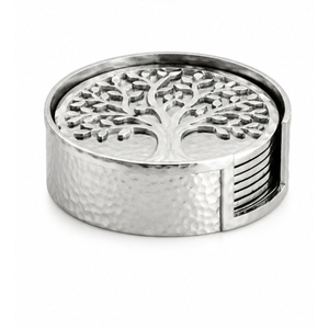 Wholesale Hammered Metal <b>Coasters</b> with Holder Silver Embossed Tree of Life Stainless Steel <b>Drink</b> <b>Coasters</b> Set for Home Decor - Product Image 1