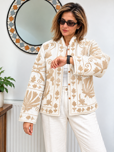 Blazer matelassé réversible en laine/viscose vintage pour femme, col rond, broderie florale en coton, simple boutonnage, hiver - Product Image 3