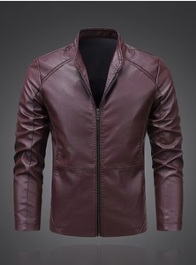 TRIBON SPORTS <b>Men's</b> Brown Cowhide <b>Leather</b> Bomber <b>Jacket</b> Stand Collar Zipper Closure Slim Fit Regular Sleeve Solid Color - Product Image 5