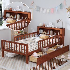 Letto singolo per bambini in noce con testiera, scaffale portaoggetti, due cassetti sottoletto e tre sponde laterali per sicurezza e protezione - Product Image 5