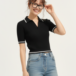 เสื้อโปโลแขนสั้นผู้หญิง ผ้าถักริบ ดีไซน์ขอบตัดสี วัสดุเบา ระบายอากาศได้ดี รับผลิตแบรนด์ตามสั่ง โรงงานขายส่ง - Product Image 1