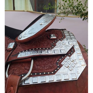 Silla de montar western DD de cuero marrón con diseño floral tallado a mano y estampados plateados, asiento cómodo de gamuza negra, de 10 a 18 pulgadas, LLT - Product Image 2