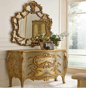 Buffet en bois à motif floral peint à la main avec miroir élégant à cadre sculpté en feuille d'or, disponible à prix de gros. - Product Image 4