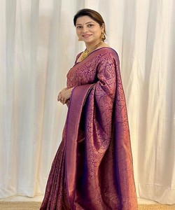 SAREE DE SEDA LICHI CON TRABAJO DE JACQUARD, EL MÁS SELECCIONADO, CON BLUSA SIN COSTURAR, PARA FIESTAS, PRECIO AL POR MAYOR, PRENDAS ÉTNICAS 84793 VINO - Product Image 2