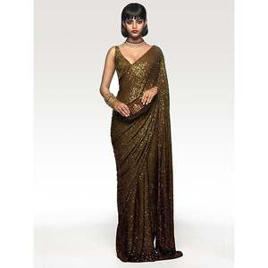 Increíble Sari de noche de lentejuelas verde oliva con blusa para ocasiones especiales - Product Image 2