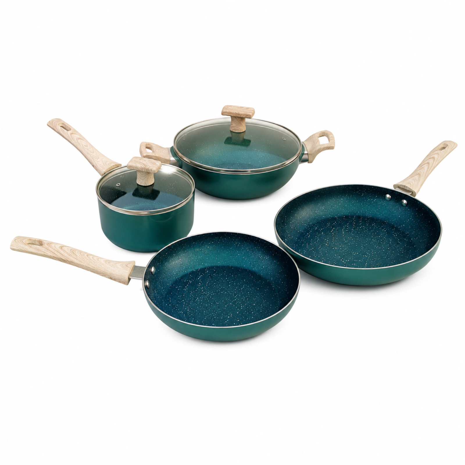 Teal Green & Cream Beige with Wooden Finish Handles