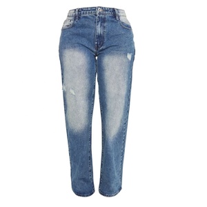 Pantalones vaqueros ajustados de mezclilla lavados con ácido azul medio personalizados, pantalones elásticos de lujo para mujer, monos holgados de pierna ancha, estilo de invierno para niñas y mamás - Product Image 1