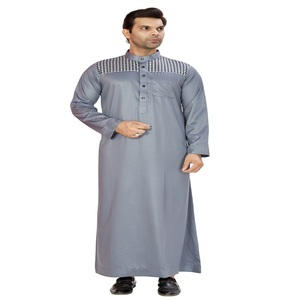 <b>Men's</b> Maroon Grey Colorblock Casual Polyester Long Sleeve <b>Thobe</b> Floor Length Neck Regular Fit Modest Middle Eastern Daily Wear - Product Image 1