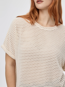 เสื้อคอกลมแขนสั้นถักสีครีมสีทึบทรงหลวมสวมใส่สบายสำหรับผู้หญิง - Product Image 4