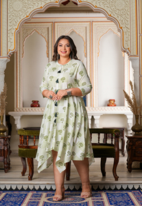 Floral Printed Rayon Women's Plus Size <b>2</b> <b>Piece</b> Long <b>Set</b> Flared Sleeves O-Neck Front Slit Asymmetrical Hem <b>White</b> Formal Summer - Product Image 5