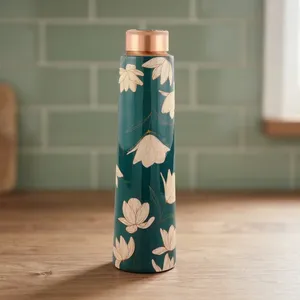 Bouteille d'eau en acier inoxydable à imprimé floral avec bouchon finition cuivre, bouteille de voyage isotherme vert turquoise - Product Image 2