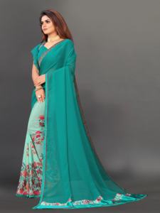 Saree en georgette à imprimé floral pour femmes avec chemisier non cousu Vêtements traditionnels indiens ethniques pour adultes pour mariages - Product Image 3