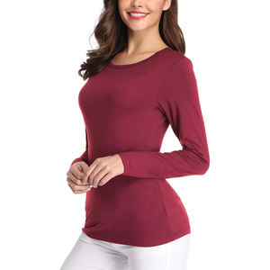 Camiseta de Manga Larga para Mujer, Color Borgoña, Cuello Redondo, Corte Ajustado, Tejido de Punto, Color Sólido, Informal, Transpirable, 100% Algodón, para Todas las Temporadas - Product Image 4