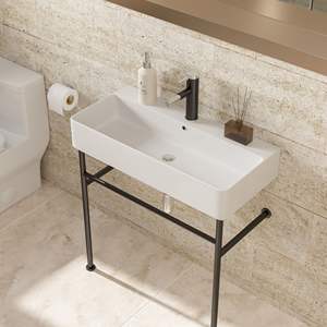 Lavabo de Baño de 31.5 Pulgadas con Consola, Lavabo de Cerámica Blanco con Rebosadero y Patas Negras - Product Image 5