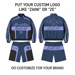Ensemble court coupe-vent en polyester/nylon Taslan 120 GSM de qualité supérieure, bleu marine, panneaux lavande et noir, logo personnalisé sérigraphié, à capuche, pour homme - Product Image 1