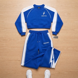 Ensemble survêtement décontracté pour femme, sweat-shirt court et pantalon large, color block bleu et blanc, streetwear, sportswear, personnalisable, marque privée - Product Image 5