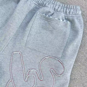 Custom French Terry Y2K Grunge Raw Edge Applique Letter Eye Cutout <b>Red</b> Heart Patch <b>Mens</b> Sweat <b>Shorts</b> Clothing Manufacturer - Product Image 5