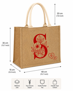 Oversized Jute <b>Tote</b> Bag with <b>Zip</b> Floral Monogram S Print Eco Friendly Shopping Carry Bag - Product Image 5