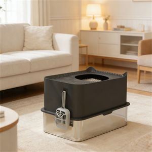 Cestino per Rifiuti in Acciaio Inossidabile Nero, Lettiera per Gatti e Accessori - Product Image 1