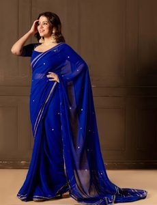 Sari bleu en cuivre KV avec blouse et jupon cousus - Product Image 4