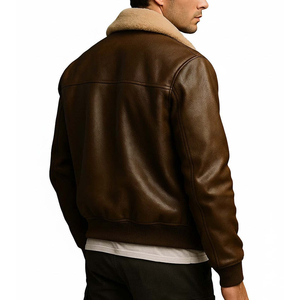 Veste en cuir de vache marron pour homme avec col en fausse fourrure, fermeture éclair, style motard hiver, manteau épais et chaud, logo frontal - Product Image 2