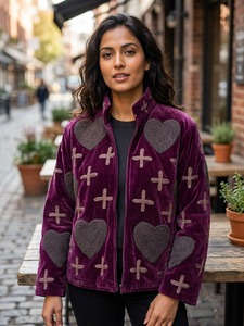 Veste en velours polaire avec appliques en forme de cœur et de croix, col montant, manches longues, veste d'automne pour femme, manteau fait à la main - Product Image 2