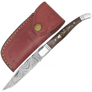 Couteau de chasse pliant Laguiole professionnel haut de gamme en acier Damas, manche en bois naturel, fait main, pointe clip. - Product Image 1