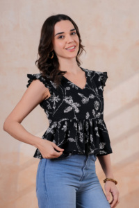 Haut à volants noir à imprimé floral pour femme, coupe ample décontractée en coton, idéal pour toutes les saisons - Product Image 3